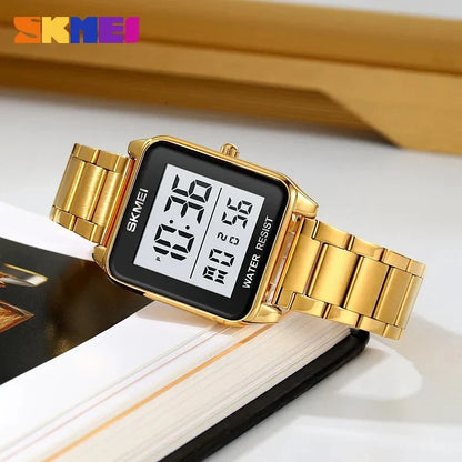 ساعة SKMEI 2154 للرجال من الفولاذ المقاوم للصدأ فضي تقويم توقيتين رقمية بإضاءة LED إلكترونية ومنبه مقاومة للماء