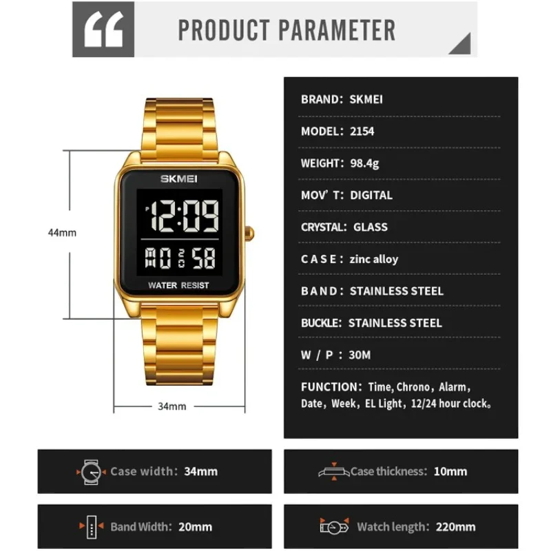 ساعة SKMEI 2154 للرجال من الفولاذ المقاوم للصدأ فضي ميناء اسود تقويم توقيتين رقمية بإضاءة LED إلكترونية ومنبه مقاومة للماء