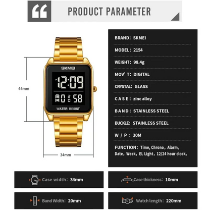 ساعة SKMEI 2154 للرجال من الفولاذ المقاوم للصدأ فضي تقويم توقيتين رقمية بإضاءة LED إلكترونية ومنبه مقاومة للماء