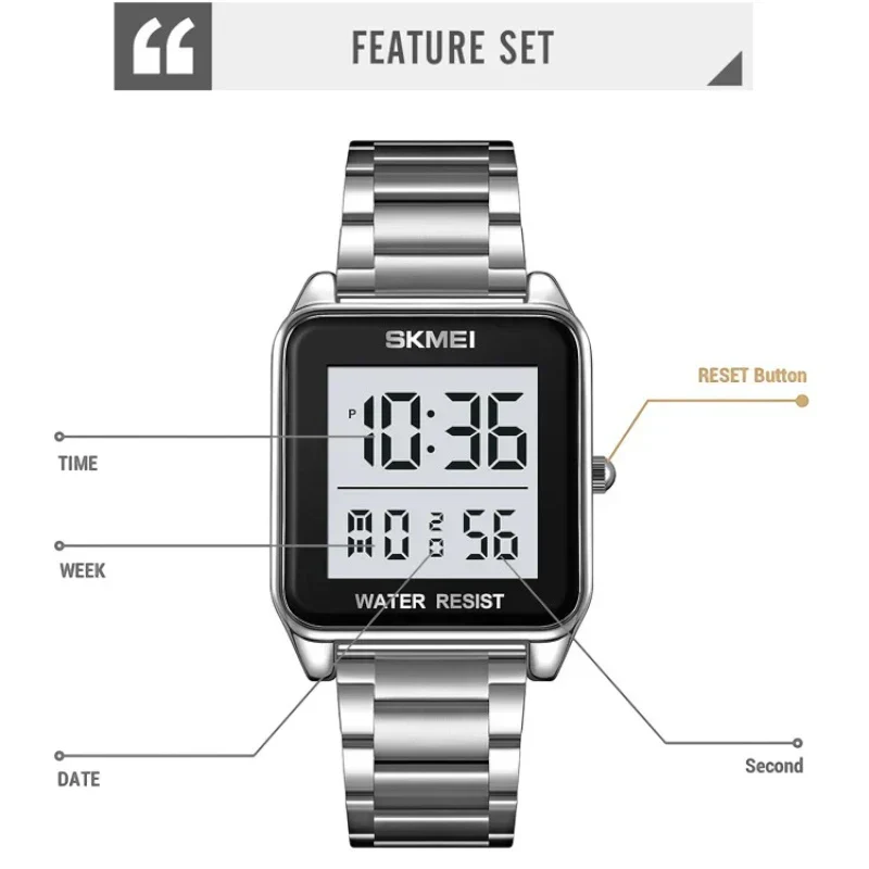 ساعة SKMEI 2154 للرجال من الفولاذ المقاوم للصدأ اسود ستيل تقويم توقيتين رقمية بإضاءة LED إلكترونية ومنبه مقاومة للماء