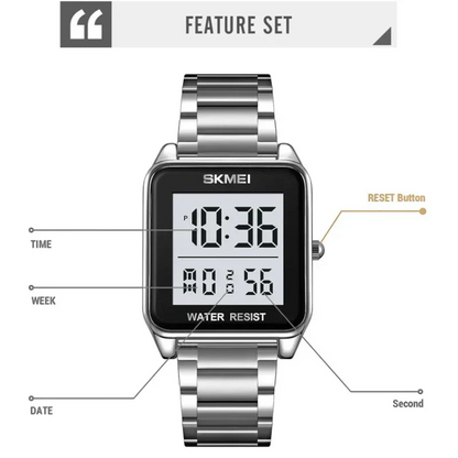 ساعة SKMEI 2154 للرجال من الفولاذ المقاوم للصدأ فضي ميناء اسود تقويم توقيتين رقمية بإضاءة LED إلكترونية ومنبه مقاومة للماء