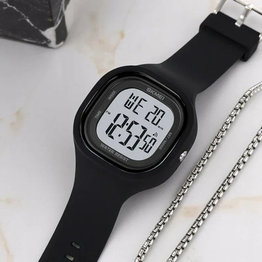 ساعة SKMEI 2290 رياضية رقمية مقاومة للماء بلون اسود وميناء واضح للجنسين بسوار مطاطي