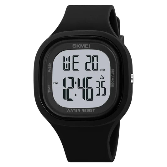 ساعة SKMEI 2290 رياضية رقمية مقاومة للماء بلون اسود وميناء واضح للجنسين بسوار مطاطي