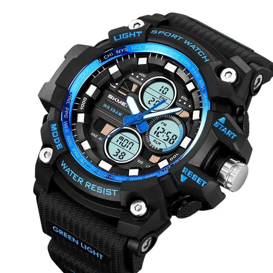 ساعة SKMEI 2349 رياضية متعددة الوظائف رقمي مع عقارب تدعم 3 مناطق زمنيه, منبه, تقويم, ساعة إيقاف, مؤقت تنازلي - أسود أزرق