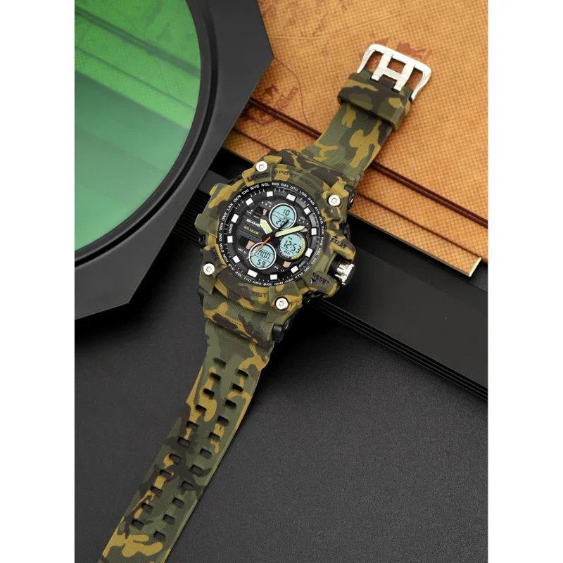 ساعة SKMEI 2349 رياضية متعددة الوظائف رقمي مع عقارب تدعم 3 اوقات, منبه, تقويم, ساعة إيقاف, مؤقت تنازلي اخضر جيشي مموه