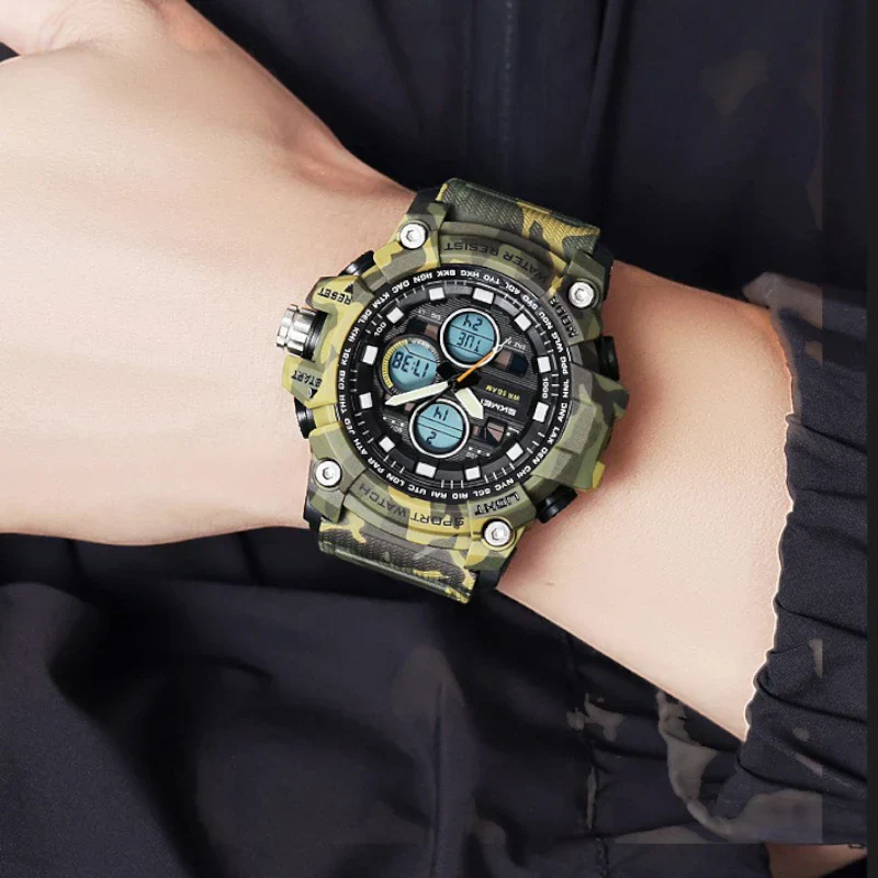 ساعة SKMEI 2349 رياضية متعددة الوظائف رقمي مع عقارب تدعم 3 اوقات, منبه, تقويم, ساعة إيقاف, مؤقت تنازلي اخضر جيشي مموه