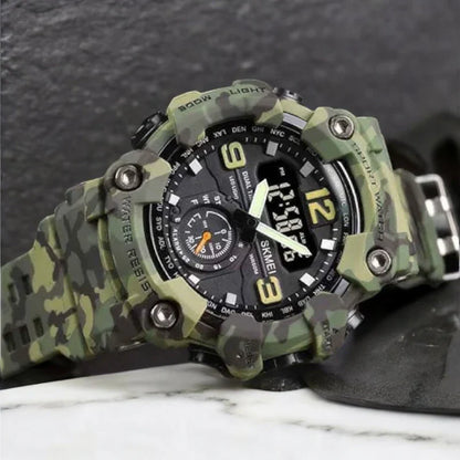 SKMEI 1637 ساعة رياضية جيشي مموهة رقمي مع عقارب 3 توقيتات