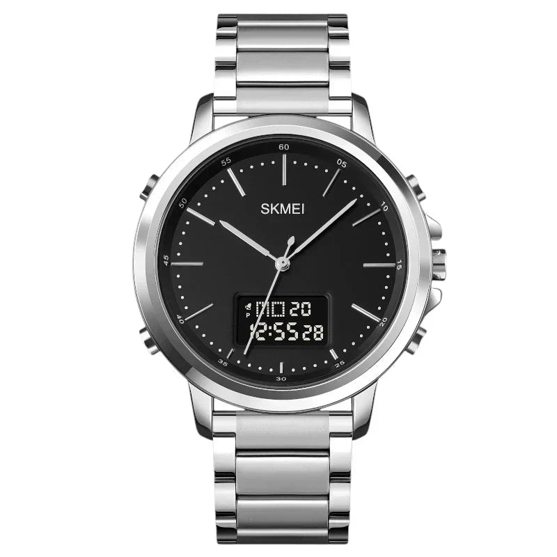 ساعة سكمي 1652 مزدوجة ستانلس ستيل فضي مع شاشة رقمية داكنة