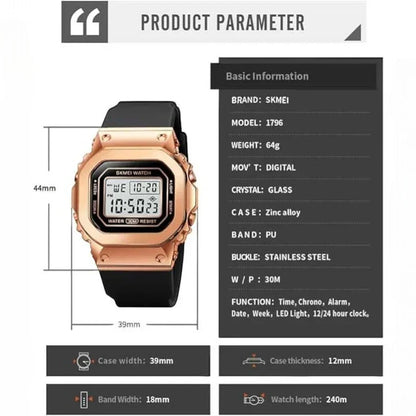 ساعة سكمي 1796 رياضية رقمية تصميم مربع فضي وأسود