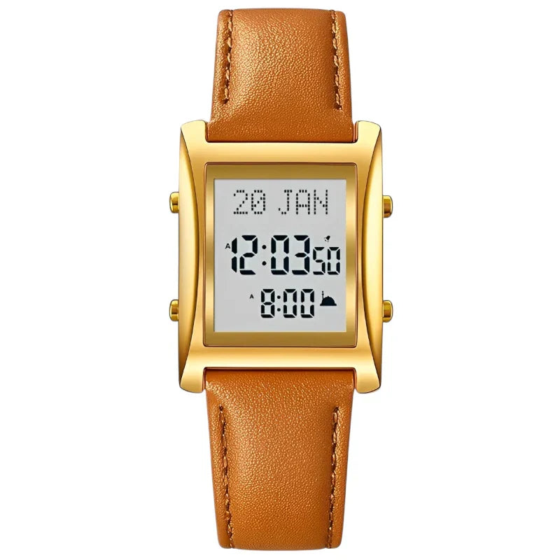 SKMEI 1815 ساعة مواقيت الصلاة الفاخرة ذهبي مع سوار جلد بني