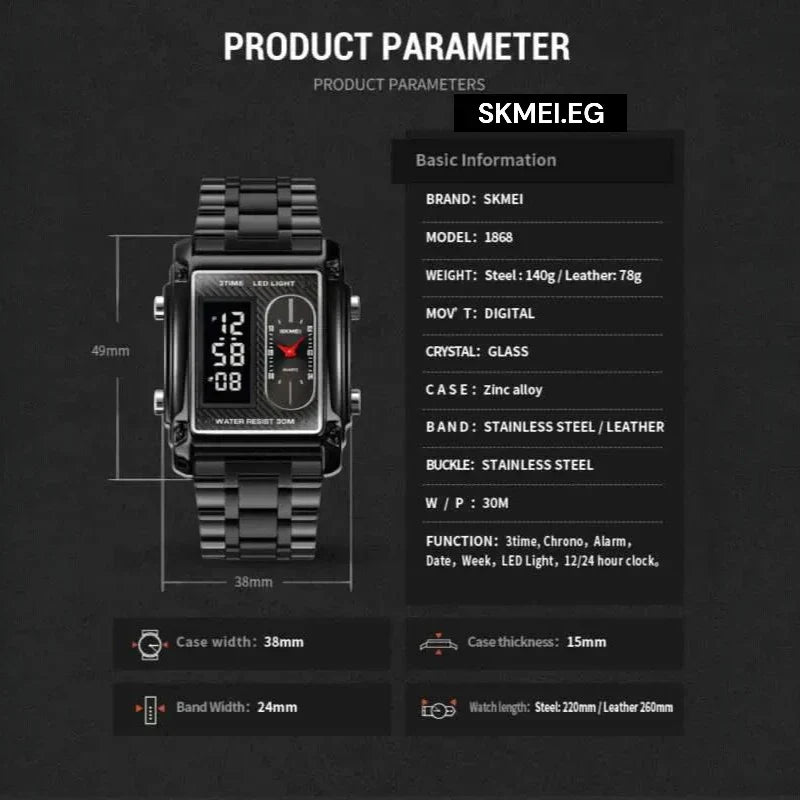 ساعة سكمي 1868 الكلاسيكية للرجال | ستانلس ستيل فضي ومينا أسود