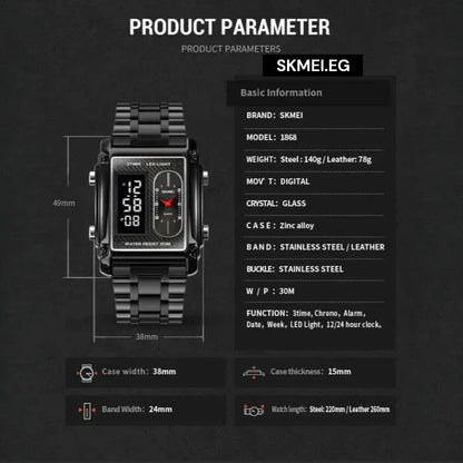 ساعة سكمي 1868 الكلاسيكية للرجال | ستانلس ستيل فضي ومينا أسود