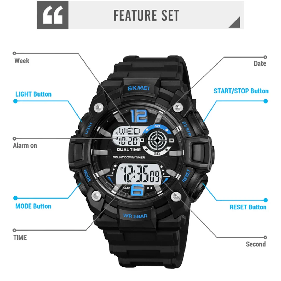 SKMEI 2018 ساعة رياضية رقميه مقاومة للماء متعددة الوظائف تقويم منبه ساعة ايقاف لون اسود بميناء فاتح