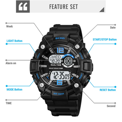 SKMEI 2018 ساعة رياضية رقميه مقاومة للماء متعددة الوظائف تقويم منبه ساعة ايقاف لون اسود بميناء فاتح
