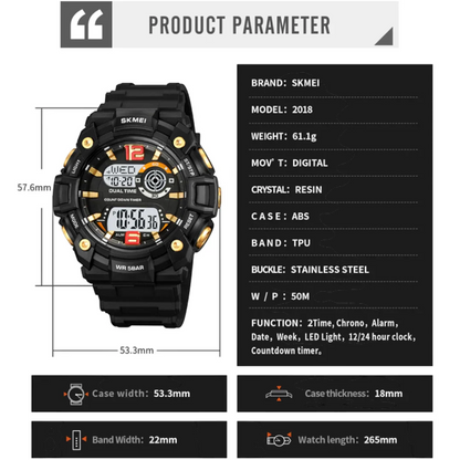 SKMEI 2018 ساعة رياضية رقميه مقاومة للماء متعددة الوظائف تقويم منبه ساعة ايقاف لون اسود بميناء فاتح