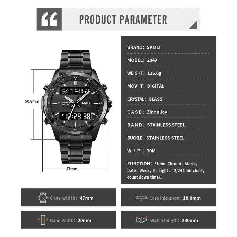 SKMEI 2049 ساعة سكمي الفاخرة ستانلس ستيل أسود ومينا أبيض
