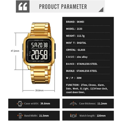 ساعة SKMEI 2133 للرجال فاخرة بلون اسود من الفولاذ المقاوم للصدأ توقيت مزدوج مقاومة للماء