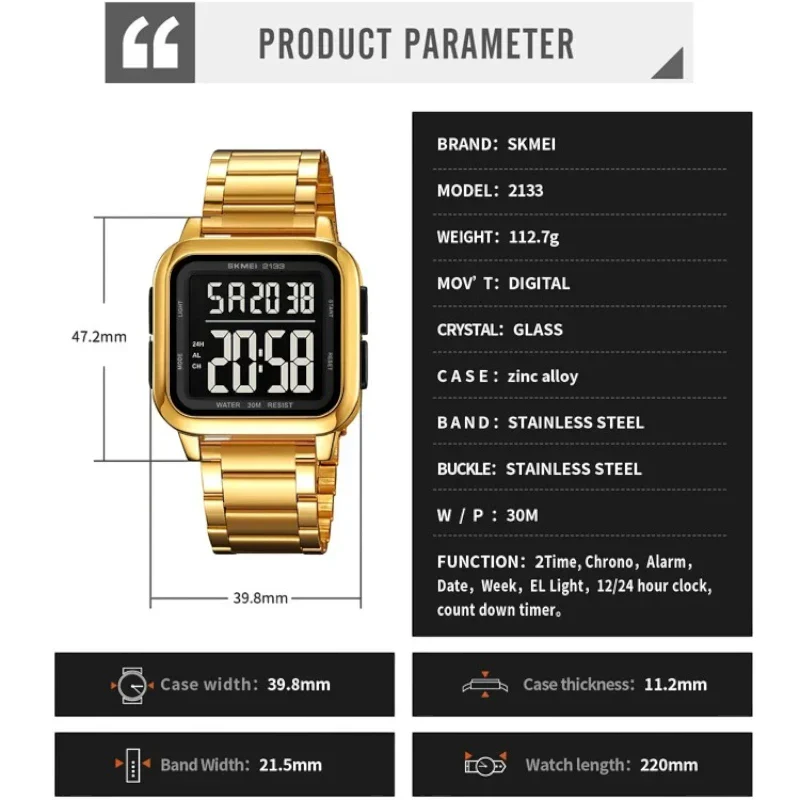 ساعة SKMEI 2133 للرجال فاخرة باللون الذهبي من الفولاذ المقاوم للصدأ توقيت مزدوج مقاومة للماء