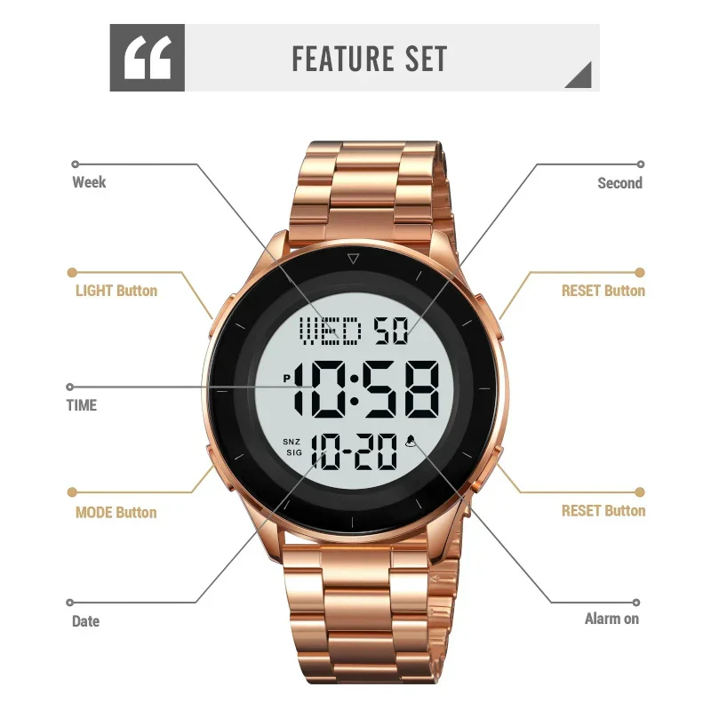 SKMEI 2167 ساعة رقمية عصرية ستانلس ستيل فضي وأسود