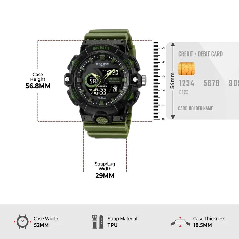 ساعة سكمي 2225 رياضية عسكرية شاشة مزدوجة أسود مع سوار أخضر