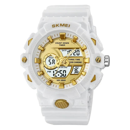 ساعة سكمي 2225 رياضية للجنسين مزدوجة رقمي وعقارب أبيض ذهبي