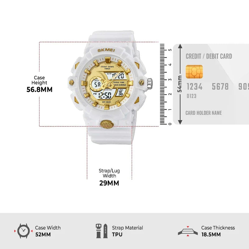 ساعة سكمي 2225 رياضية للجنسين مزدوجة رقمي وعقارب أبيض ذهبي