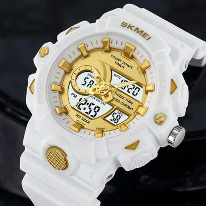 ساعة سكمي 2225 رياضية للجنسين مزدوجة رقمي وعقارب أبيض ذهبي