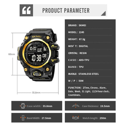 SKMEI 2245 ساعة رياضية رقمية مقاومة للماء أسود بالكامل