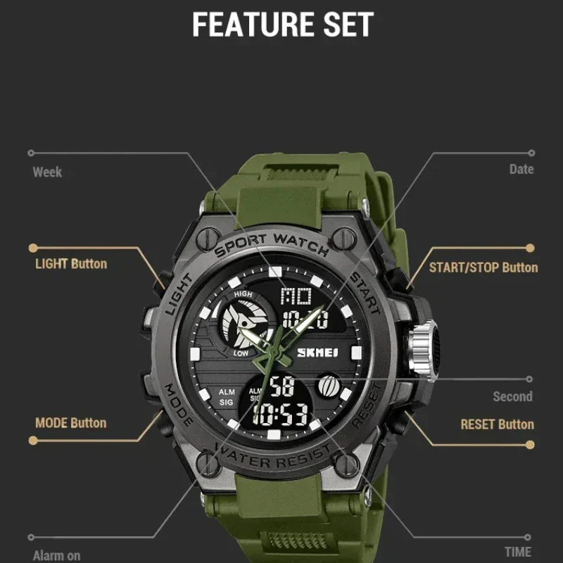 SKMEI 2360 ساعة رياضية بشاشة مزدوجة أسود وأخضر زيتي