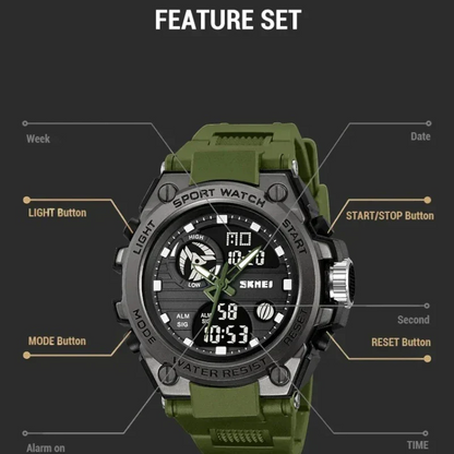 SKMEI 2360 ساعة رياضية بشاشة مزدوجة أسود وأخضر زيتي
