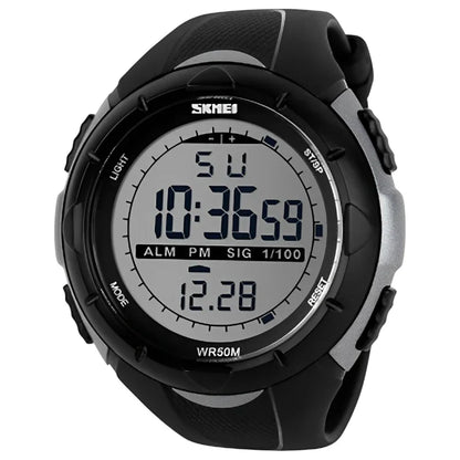 ساعة سكمي 1025 رياضية رقمية متعددة الوظائف مقاومة للماء مع منبه، ساعة إيقاف، تقويم، أسود مع فضي