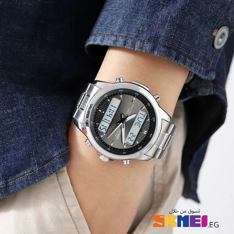 SKMEI 2049 ساعة رياضية فاخرة ستانلس ستيل ذهبي شاشة مزدوجة