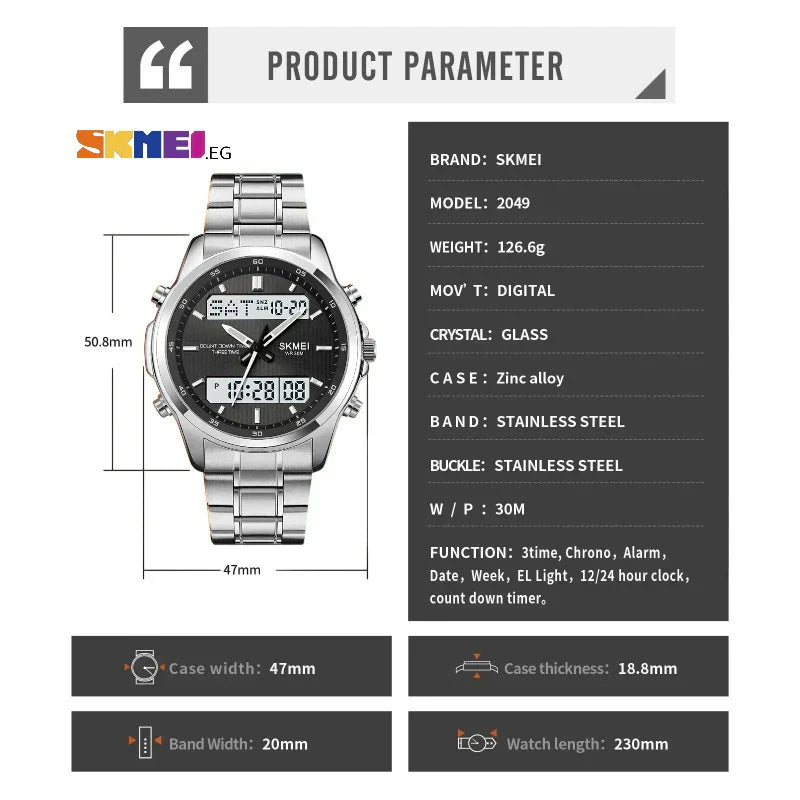 SKMEI 2049 ساعة رياضية بشاشة مزدوجة ستانلس ستيل فضي ومينا داكن