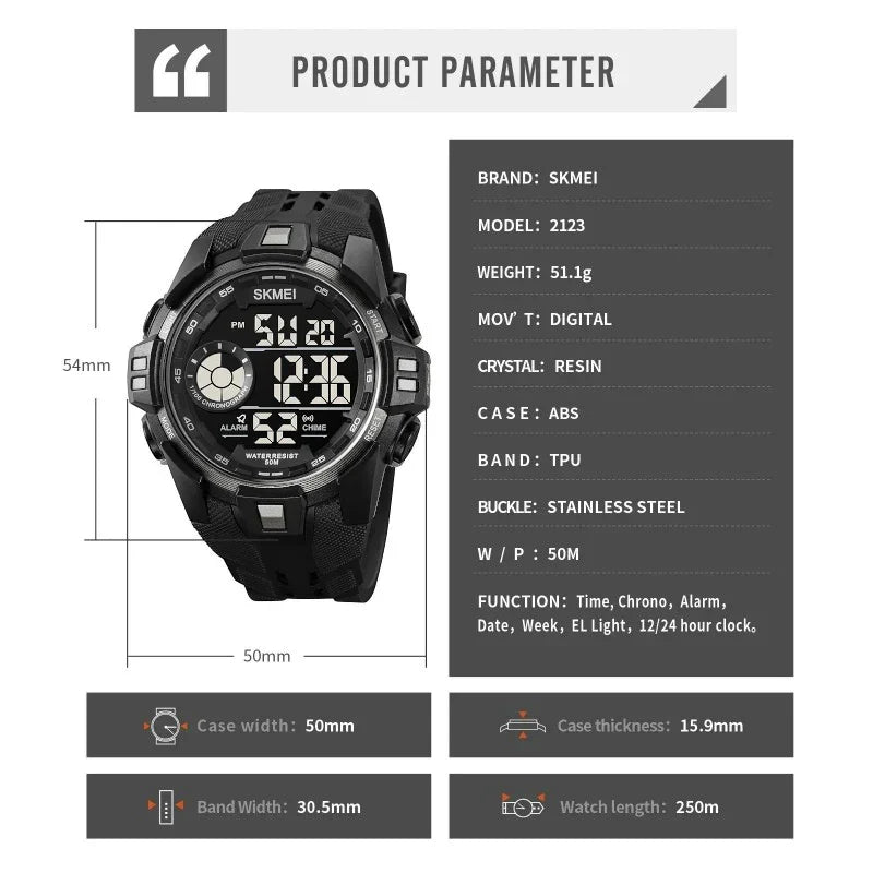SKMEI 2123 ساعة رياضية متعددة الوظائف مقاومة للماء اسود رصاصي