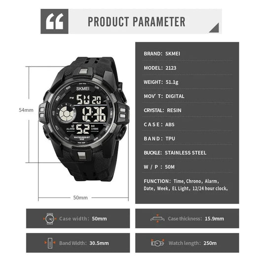 SKMEI 2123 ساعة رياضية متعددة الوظائف مقاومة للماء اسود