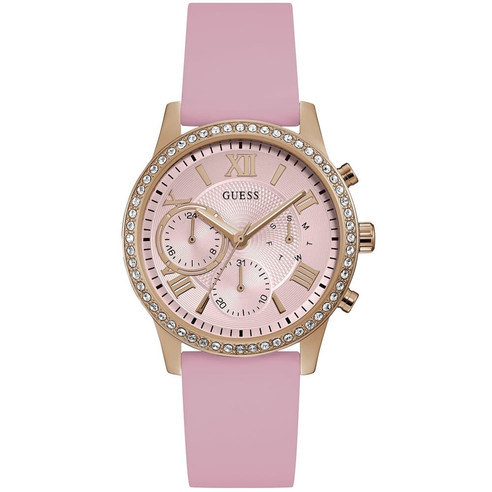 Guess Solar Multi-Function W1135L2 Gold Case Crystal Bezel Silver Dial Pink Rubber Women's Watch
