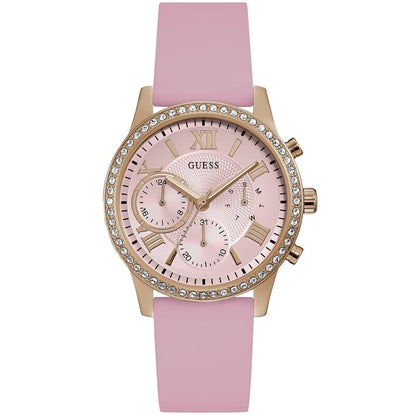 Guess Solar Multi-Function W1135L2 Gold Case Crystal Bezel Silver Dial Pink Rubber Women's Watch