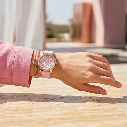 Guess Solar Multi-Function W1135L2 Gold Case Crystal Bezel Silver Dial Pink Rubber Women's Watch