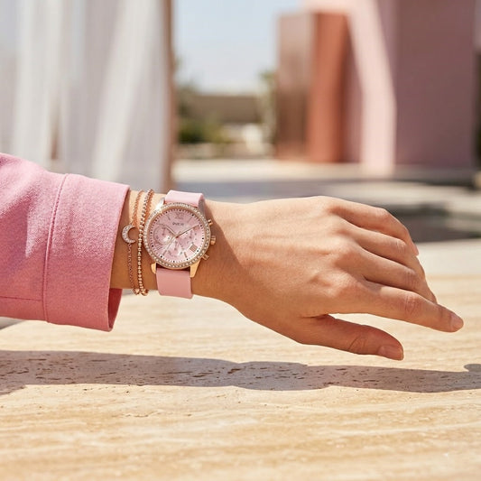 Guess Solar Multi-Function W1135L2 Gold Case Crystal Bezel Silver Dial Pink Rubber Women's Watch
