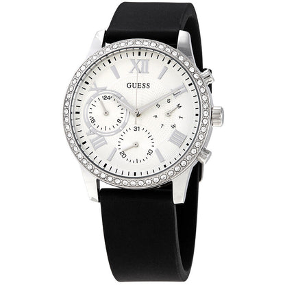 Guess Sunrise Multi-Function W1135L5 Silver Case Crystal Bezel Silver Dial Black Rubber Women's Watch