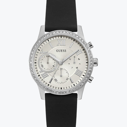 Guess Sunrise Multi-Function W1135L5 Silver Case Crystal Bezel Silver Dial Black Rubber Women's Watch