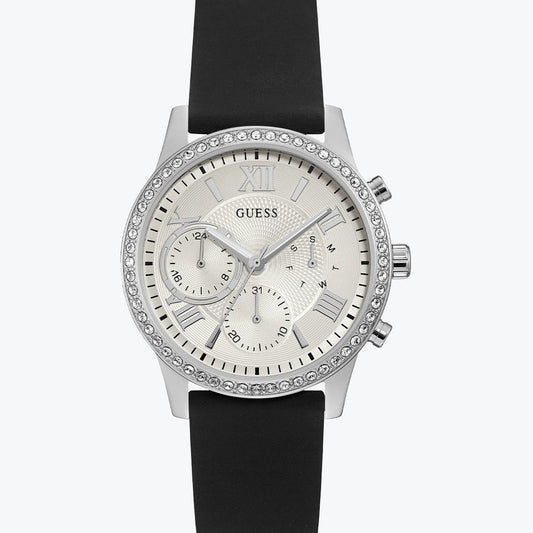 Guess Sunrise Multi-Function W1135L5 Silver Case Crystal Bezel Silver Dial Black Rubber Women's Watch