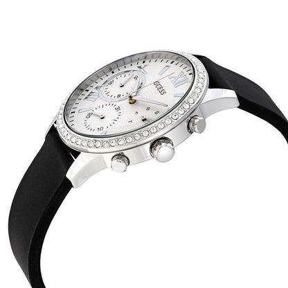Guess Sunrise Multi-Function W1135L5 Silver Case Crystal Bezel Silver Dial Black Rubber Women's Watch