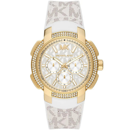 Michael Kors MK7221 Women’s White Dial White Logo Strap Gold-Tone Multi-Function Watch