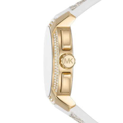 Michael Kors MK7221 Women’s White Dial White Logo Strap Gold-Tone Multi-Function Watch