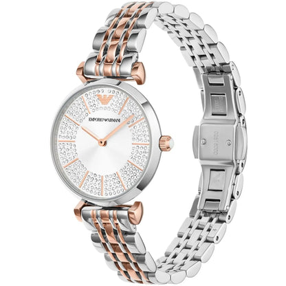 Emporio Armani Gianni T-Bar AR11537 Women's Two-Tone Crystal Encrusted Dial Luxury Watch