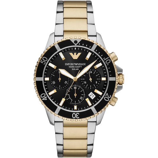 Emporio Armani World Explorer AR11680 Men's Solar Chronograph Black Dial Two-Tone Luxury Watch