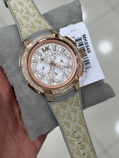 Michael Kors Sidney MK6949 Rose Gold-Tone Crystal Grey Logo Rubber Women's Watch