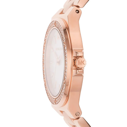 Michael Kors Lennox MK7279 Rose Gold Watch with Crystal Bezel and Silver Dial