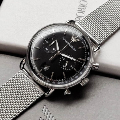 Emporio Armani Aviator AR11104 Silver Mesh Chronograph Watch